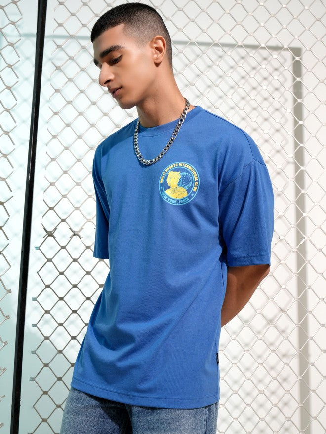Highlander Men Blue Printed Round Neck Oversized Fit T-Shirt - Blue - Image 4