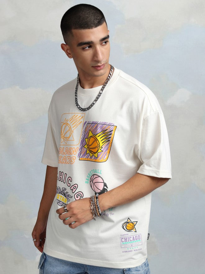 Highlander Men Off White Printed Round Neck Oversized Fit T-Shirt - Off White - Image 4