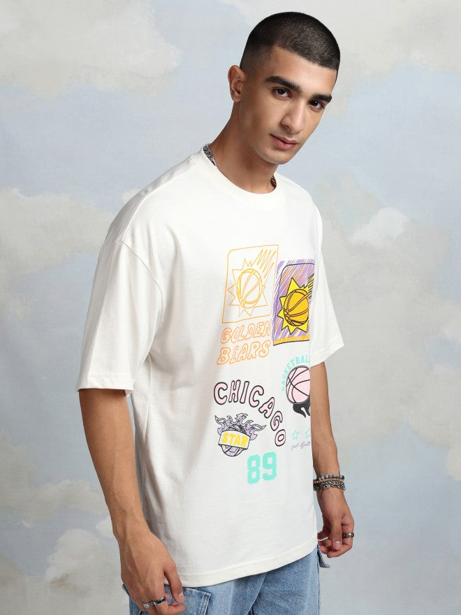 Highlander Men Off White Printed Round Neck Oversized Fit T-Shirt - Off White - Image 6