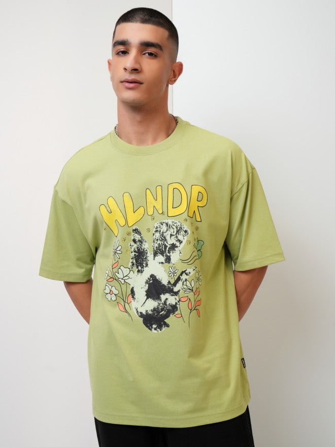 Highlander Men Green Printed Oversized Fit Round Neck T-Shirt - Green - Image 1