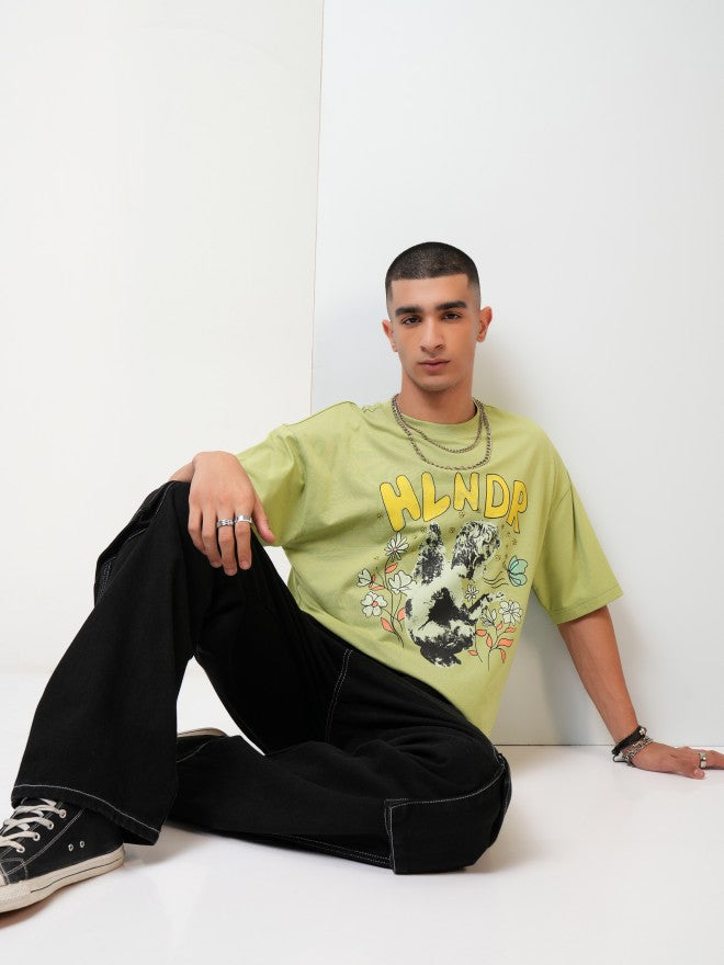 Highlander Men Green Printed Oversized Fit Round Neck T-Shirt - Green - Image 2