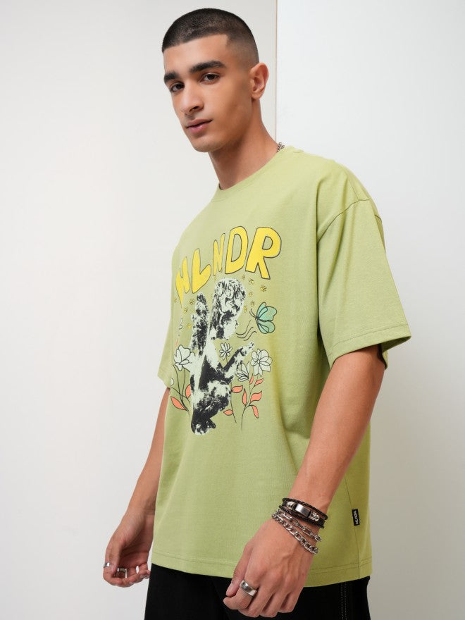 Highlander Men Green Printed Oversized Fit Round Neck T-Shirt - Green - Image 4
