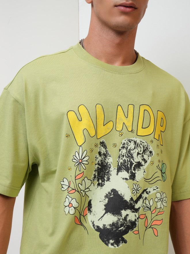 Highlander Men Green Printed Oversized Fit Round Neck T-Shirt - Green - Image 5
