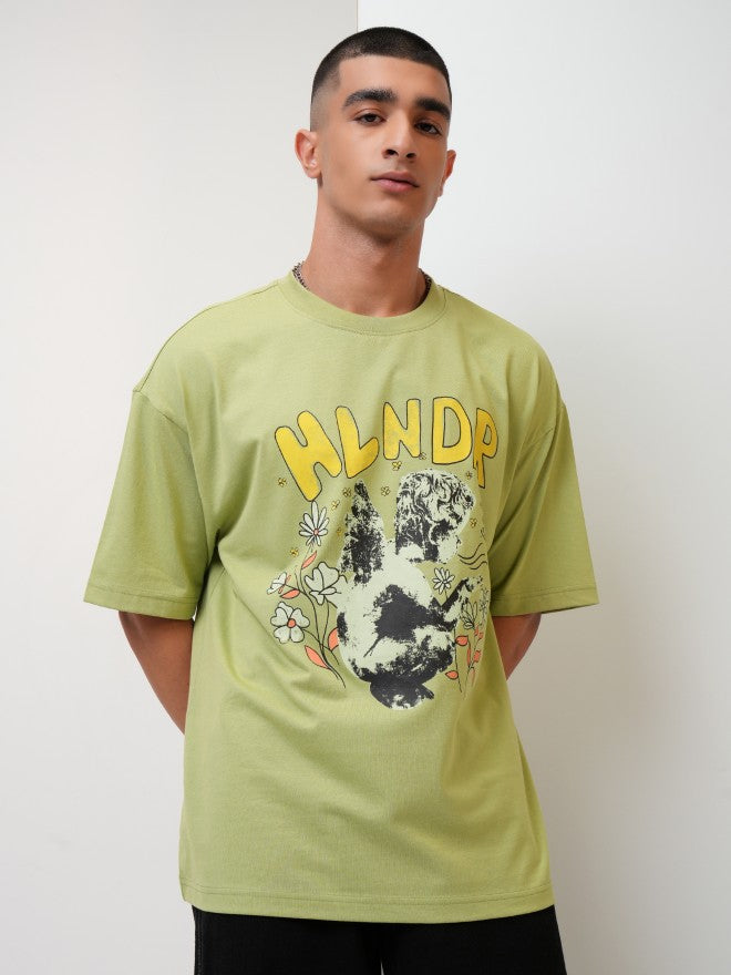 Highlander Men Green Printed Oversized Fit Round Neck T-Shirt - Green - Image 6