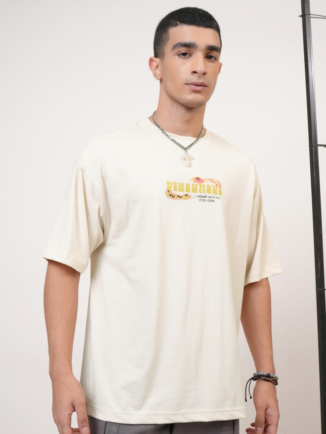 Highlander Men Cream Printed Round Neck Oversized Fit T-Shirt - Cream - Image 3