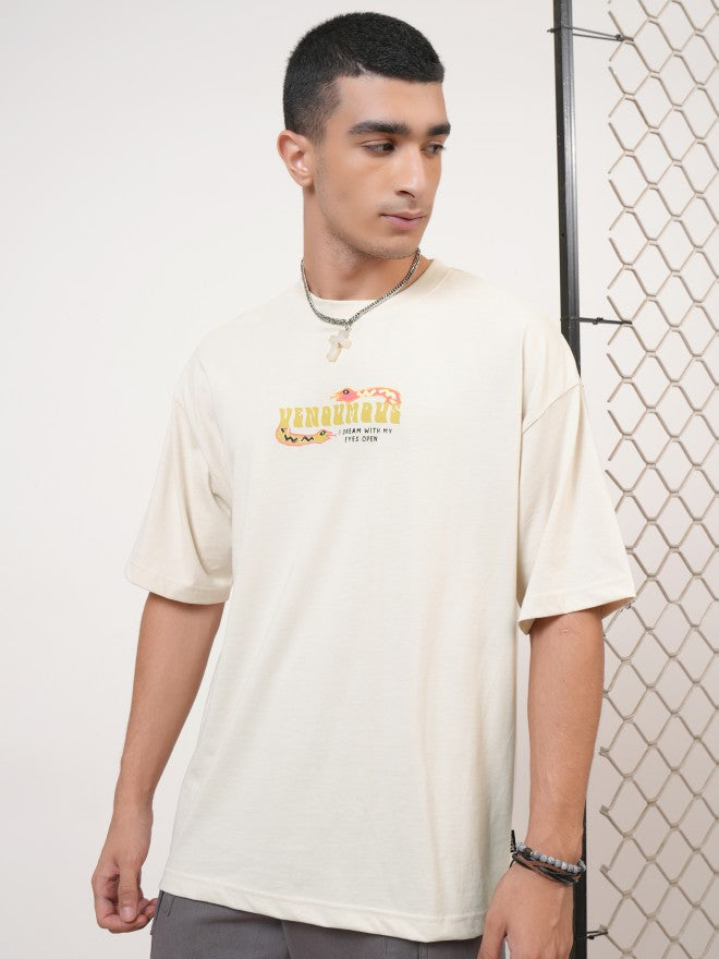 Highlander Men Cream Printed Round Neck Oversized Fit T-Shirt - Cream - Image 4