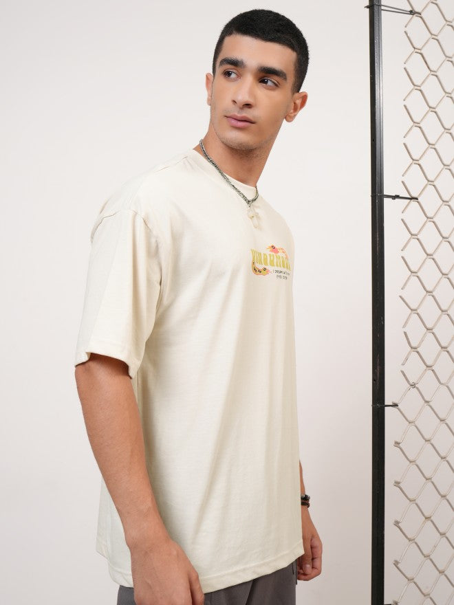 Highlander Men Cream Printed Round Neck Oversized Fit T-Shirt - Cream - Image 6
