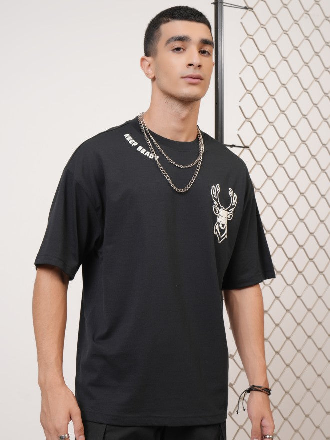 Highlander Men Black Printed Round Neck Oversized Fit T-Shirt - Black - Image 3