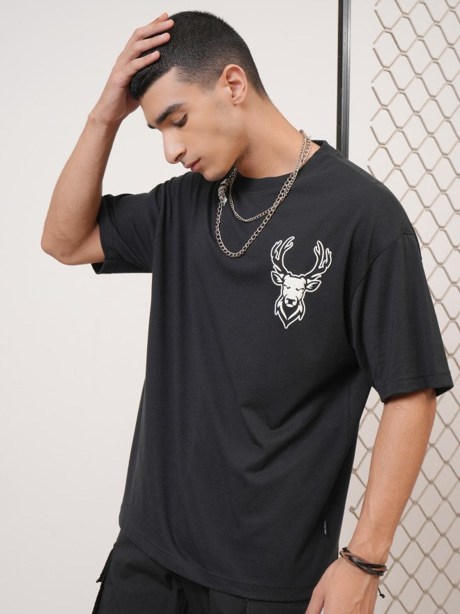 Highlander Men Black Printed Round Neck Oversized Fit T-Shirt - Black - Image 4