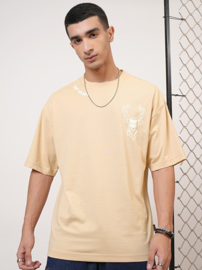 Highlander Men Beige Printed Round Neck Oversized Fit T-Shirt - Beige - Image 3