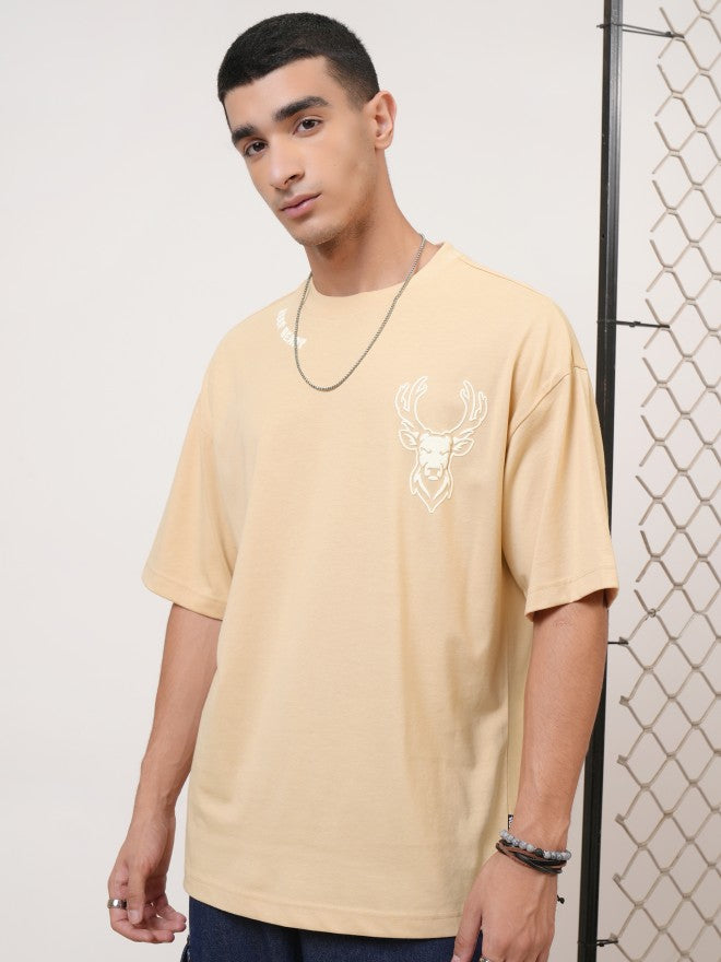 Highlander Men Beige Printed Round Neck Oversized Fit T-Shirt - Beige - Image 4