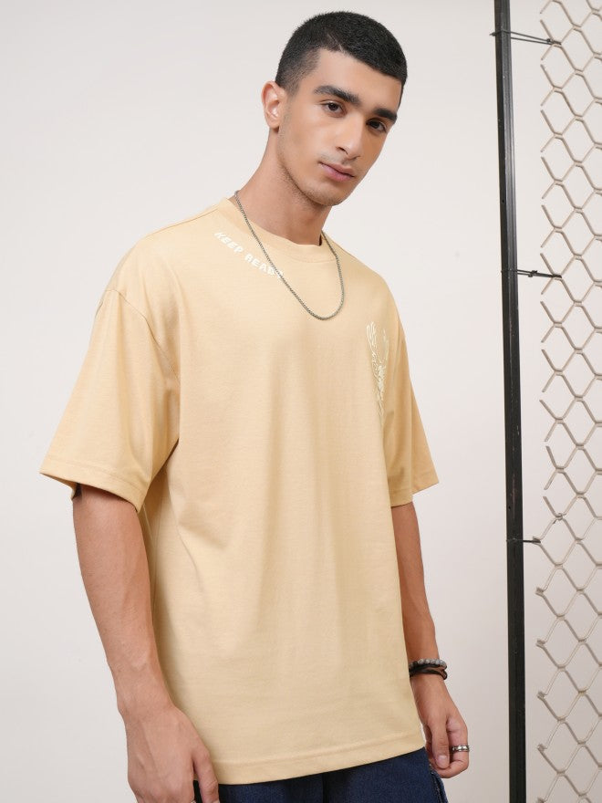 Highlander Men Beige Printed Round Neck Oversized Fit T-Shirt - Beige - Image 6