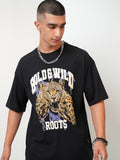 Highlander Men Black Printed Oversized Fit Round Neck T-Shirt - Black - Image 1