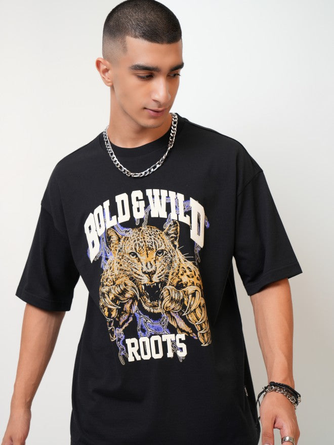 Highlander Men Black Printed Oversized Fit Round Neck T-Shirt - Black - Image 1