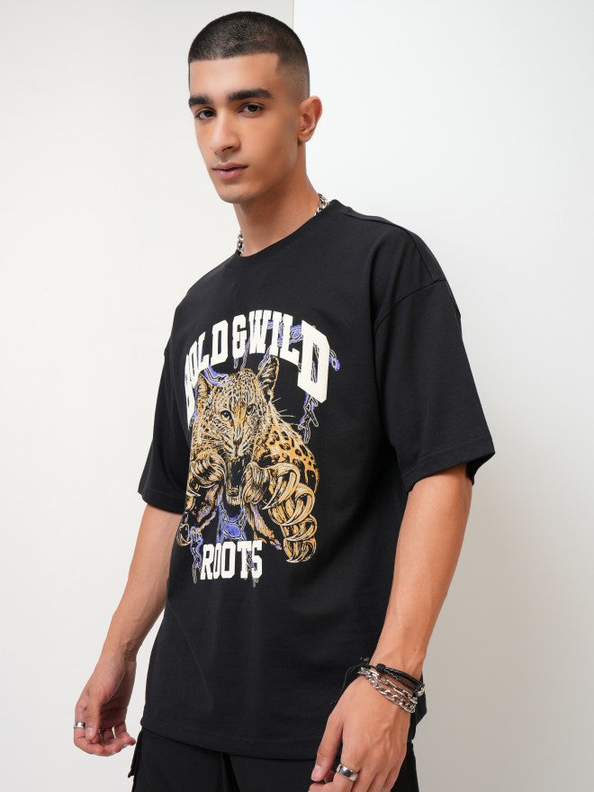 Highlander Men Black Printed Oversized Fit Round Neck T-Shirt - Black - Image 4
