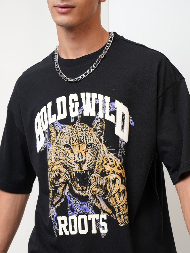 Highlander Men Black Printed Oversized Fit Round Neck T-Shirt - Black - Image 5