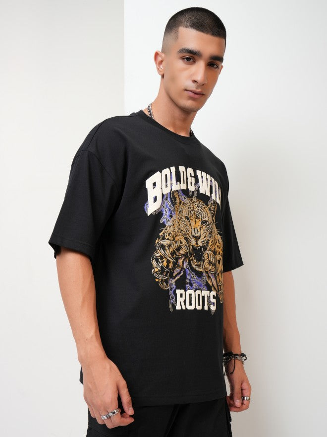 Highlander Men Black Printed Oversized Fit Round Neck T-Shirt - Black - Image 6