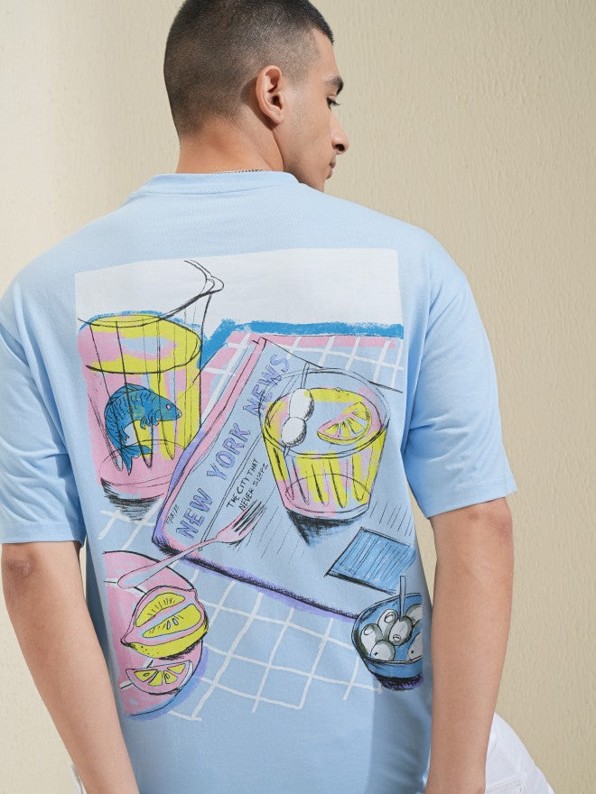 Highlander Men Blue Printed Round Neck Oversized Fit T-Shirt - Blue - Image 1