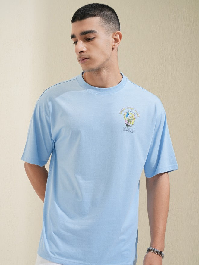 Highlander Men Blue Printed Round Neck Oversized Fit T-Shirt - Blue - Image 3