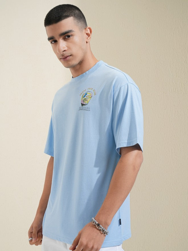 Highlander Men Blue Printed Round Neck Oversized Fit T-Shirt - Blue - Image 4