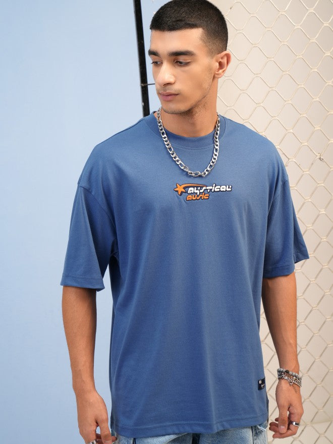 Highlander Men Blue Printed Round Neck Oversized Fit T-Shirt - Blue - Image 1