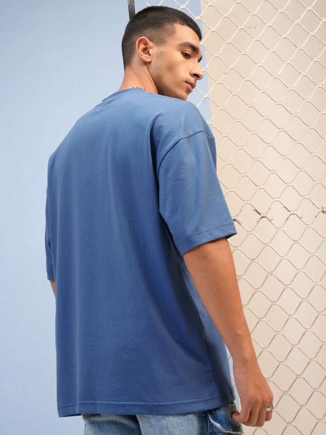 Highlander Men Blue Printed Round Neck Oversized Fit T-Shirt - Blue - Image 3