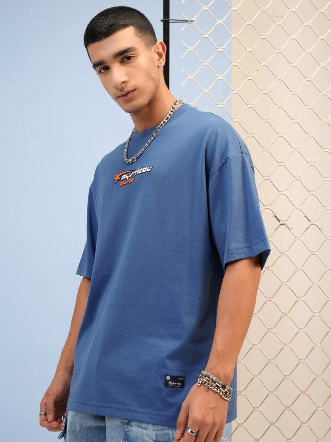 Highlander Men Blue Printed Round Neck Oversized Fit T-Shirt - Blue - Image 4