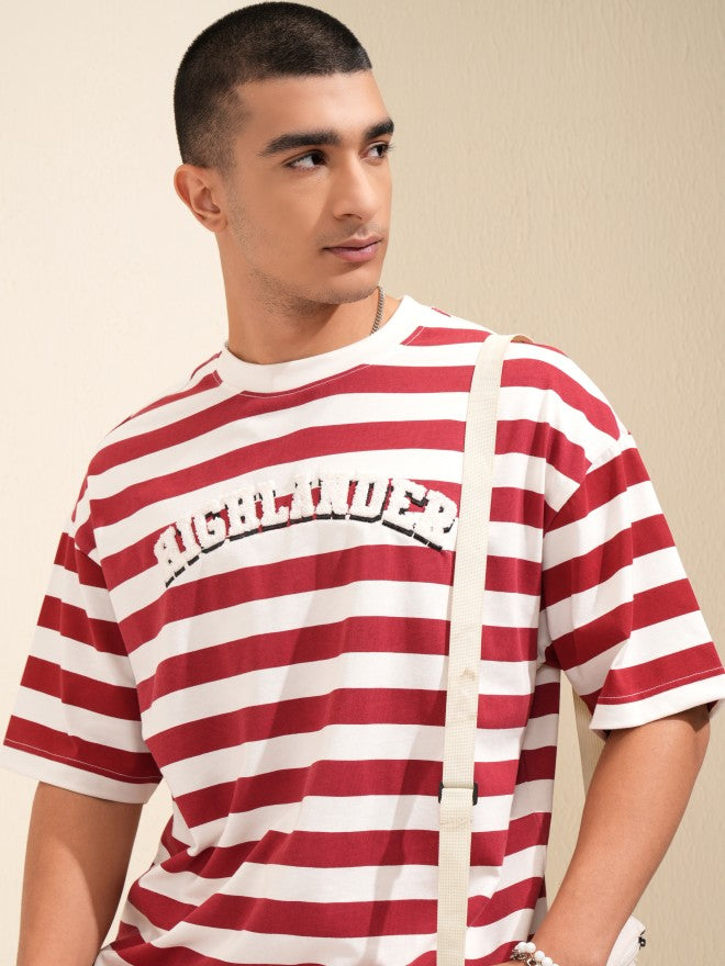 Highlander Men Off White Striped Round Neck Oversized Fit T-Shirt - Off White - Image 1