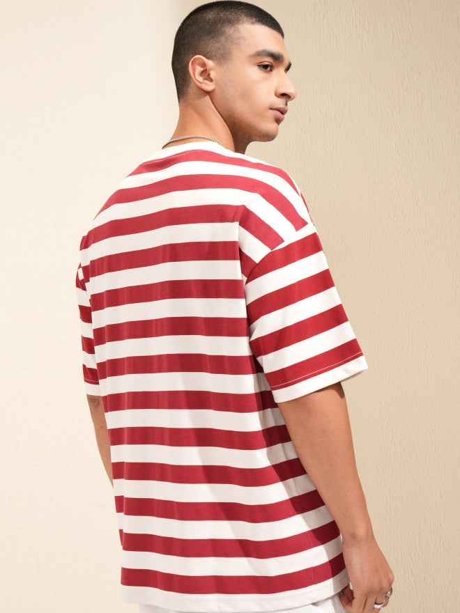 Highlander Men Off White Striped Round Neck Oversized Fit T-Shirt - Off White - Image 3