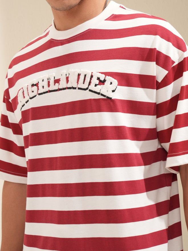 Highlander Men Off White Striped Round Neck Oversized Fit T-Shirt - Off White - Image 5