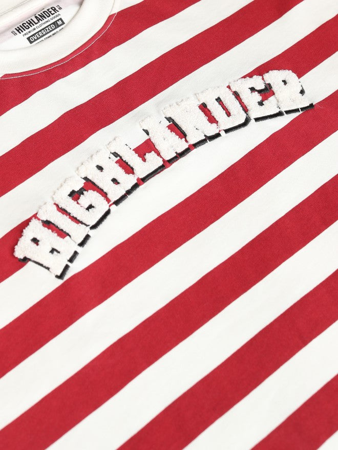 Highlander Men Off White Striped Round Neck Oversized Fit T-Shirt - Off White - Image 7