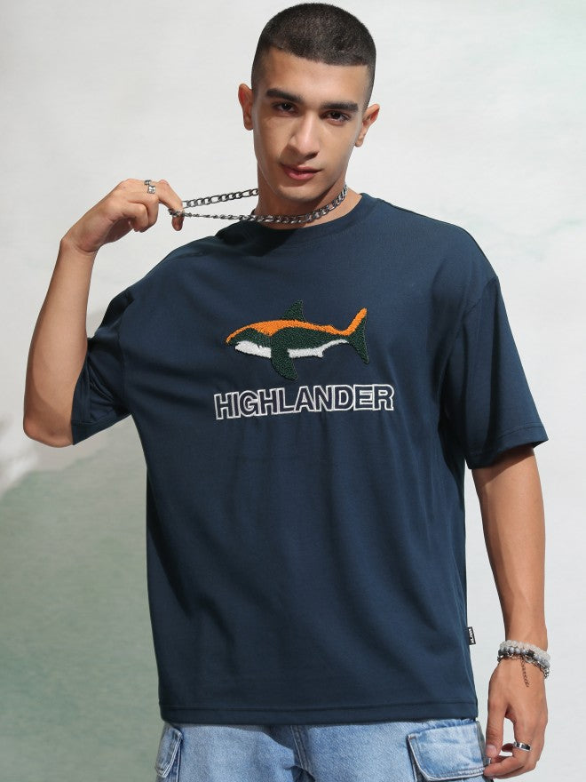 Highlander Men Navy Blue Self Design Round Neck Oversized Fit T-Shirt - Navy Blue - Image 1