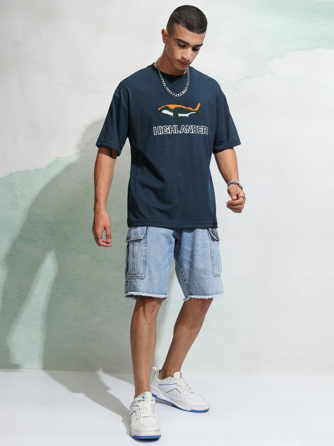 Highlander Men Navy Blue Self Design Round Neck Oversized Fit T-Shirt - Navy Blue - Image 2