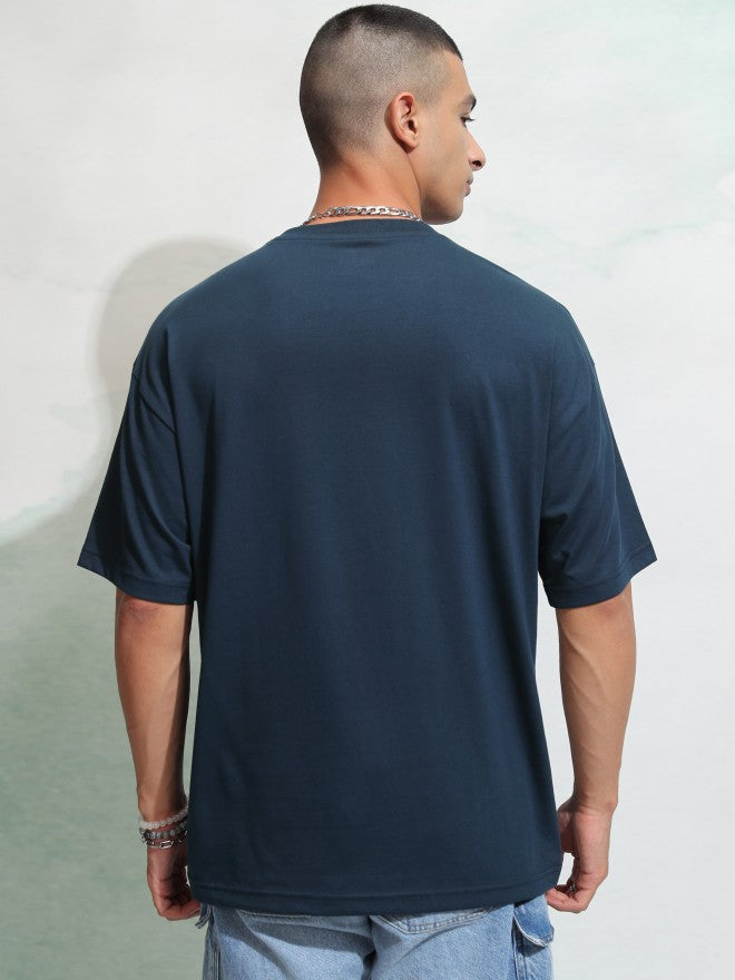 Highlander Men Navy Blue Self Design Round Neck Oversized Fit T-Shirt - Navy Blue - Image 3