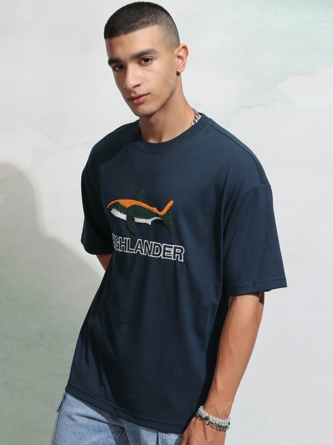 Highlander Men Navy Blue Self Design Round Neck Oversized Fit T-Shirt - Navy Blue - Image 4