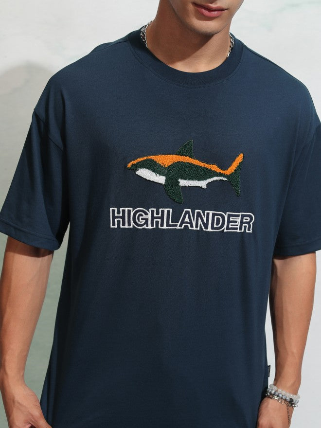 Highlander Men Navy Blue Self Design Round Neck Oversized Fit T-Shirt - Navy Blue - Image 5