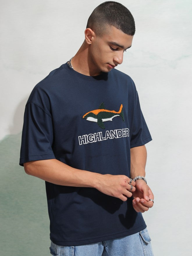 Highlander Men Navy Blue Self Design Round Neck Oversized Fit T-Shirt - Navy Blue - Image 6