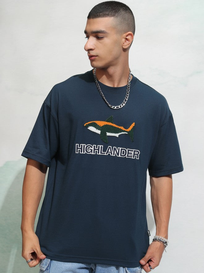 Highlander Men Navy Blue Self Design Round Neck Oversized Fit T-Shirt - Navy Blue - Image 7