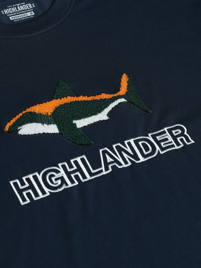 Highlander Men Navy Blue Self Design Round Neck Oversized Fit T-Shirt - Navy Blue - Image 8