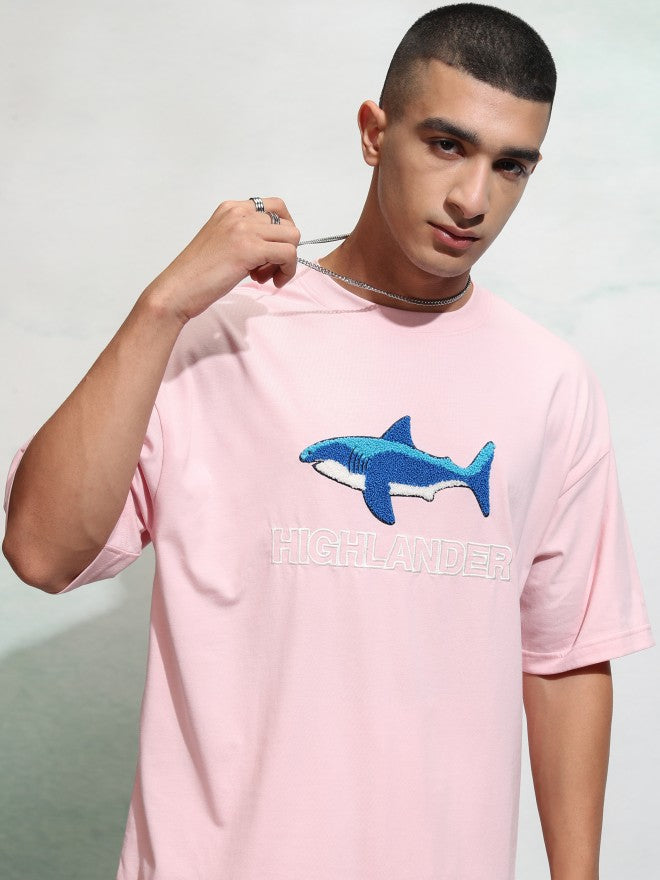 Highlander Men Pink Applique Round Neck Oversized Fit T-Shirt - Pink - Image 1