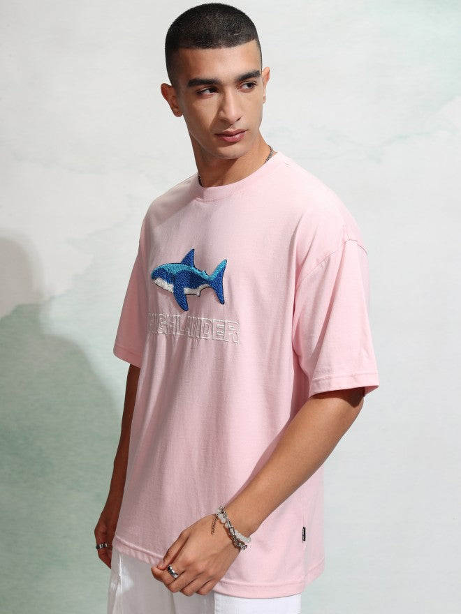 Highlander Men Pink Applique Round Neck Oversized Fit T-Shirt - Pink - Image 4