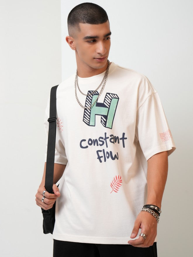 Highlander Men Off White Printed Oversized Fit Round Neck T-Shirt - Off White - Image 1