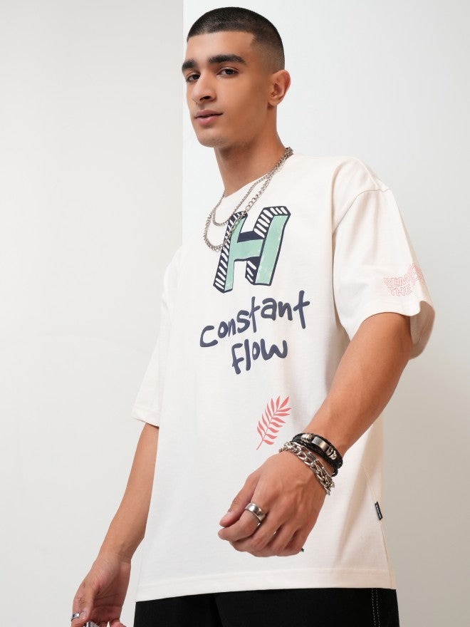 Highlander Men Off White Printed Oversized Fit Round Neck T-Shirt - Off White - Image 4