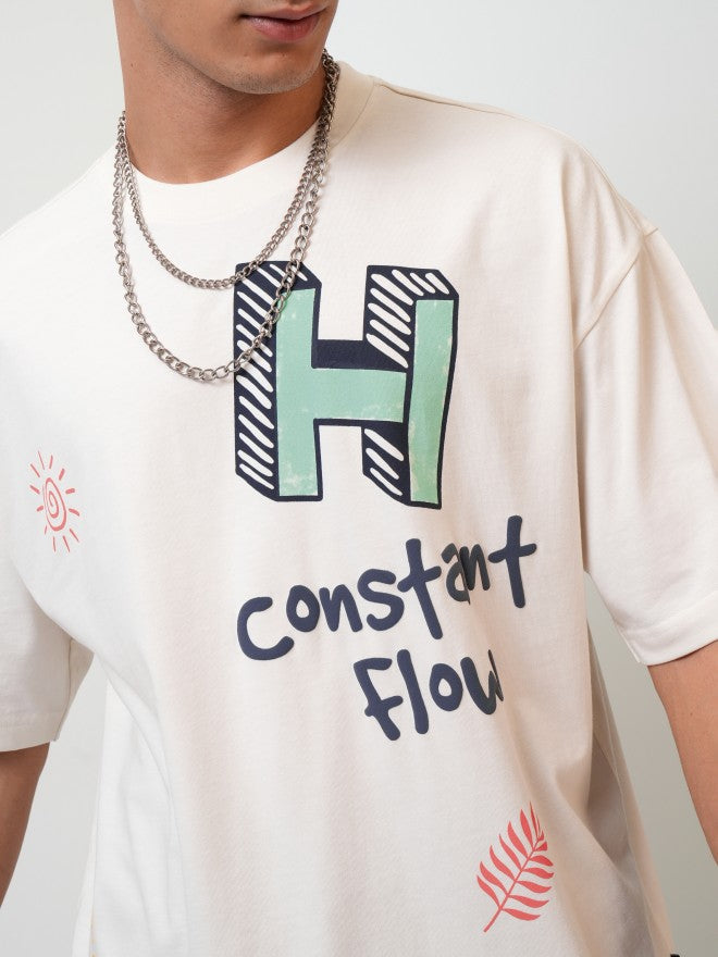 Highlander Men Off White Printed Oversized Fit Round Neck T-Shirt - Off White - Image 5