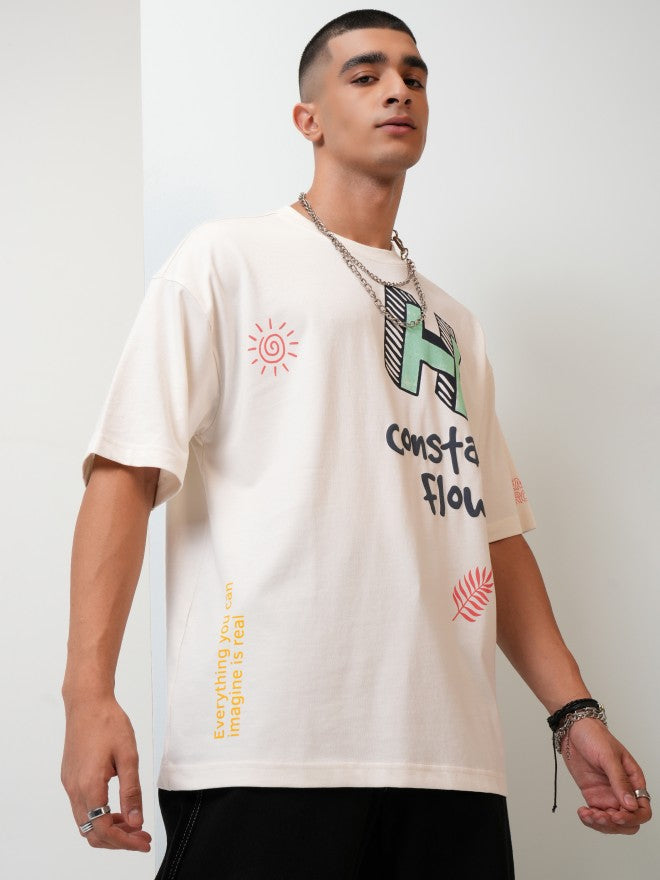Highlander Men Off White Printed Oversized Fit Round Neck T-Shirt - Off White - Image 6