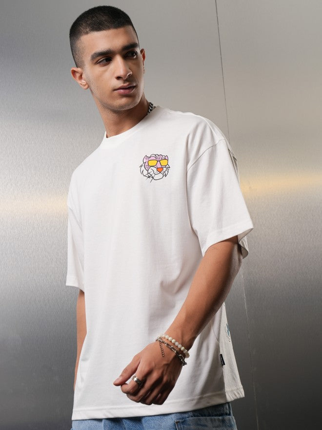 Highlander Men White Printed Round Neck Oversized Fit T-Shirt - White - Image 4
