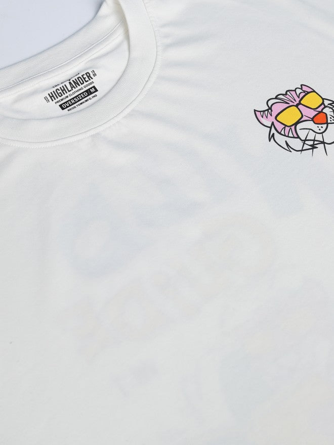 Highlander Men White Printed Round Neck Oversized Fit T-Shirt - White - Image 7