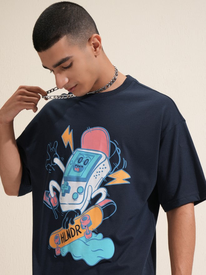 Highlander Men Navy Blue Printed Oversized Fit T-Shirt - Navy Blue - Image 1