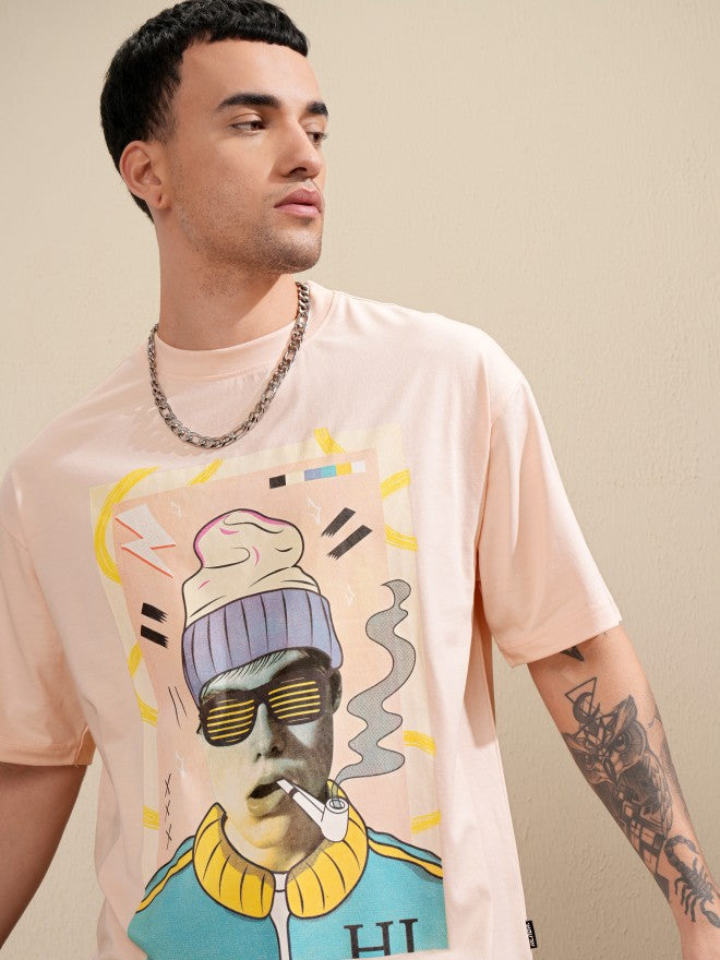 Highlander Men Peach Printed Round Neck Oversized Fit T-Shirt - Peach - Image 1