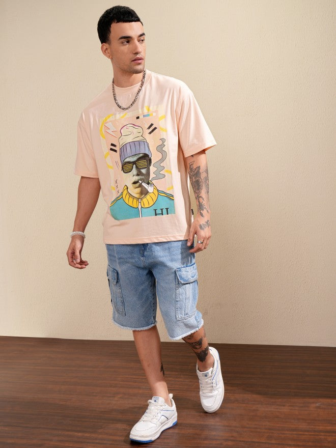 Highlander Men Peach Printed Round Neck Oversized Fit T-Shirt - Peach - Image 2